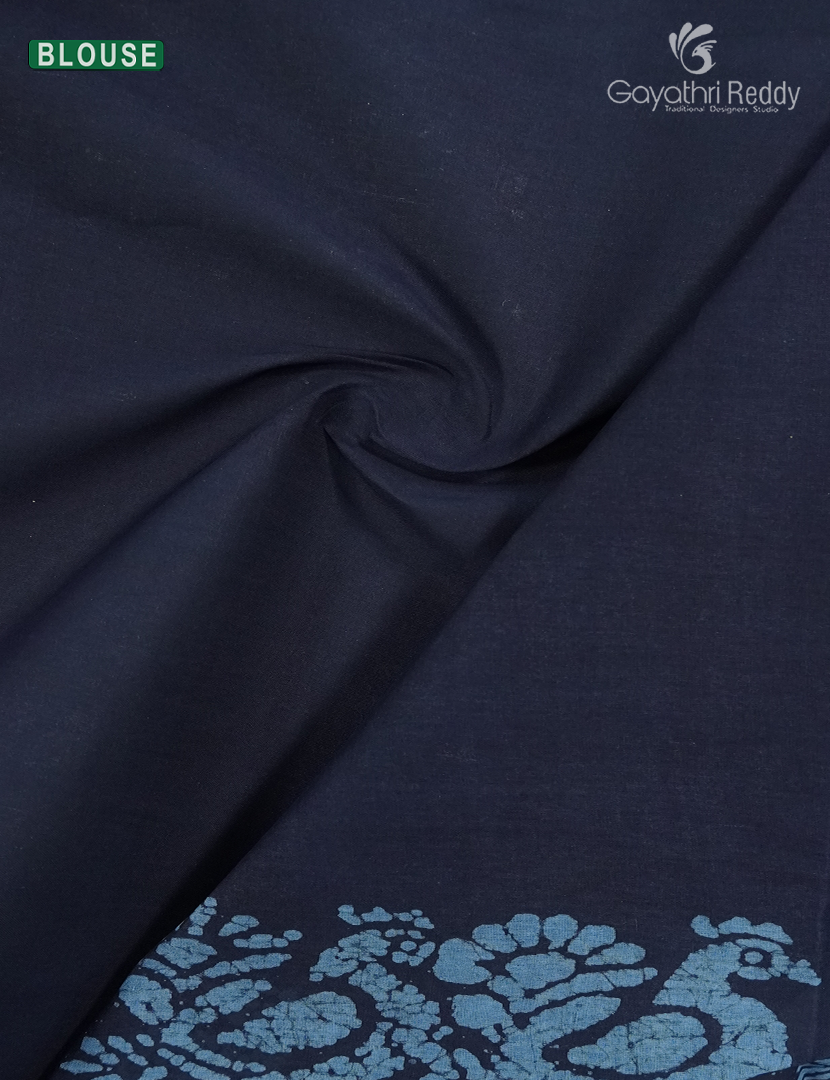 Cotton Batik Print Saree in Powder Grey and Navy Blue