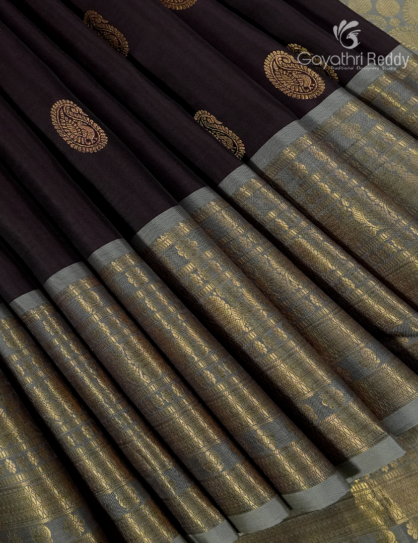 Pure Kanchipuram Silk Saree in Deep Brown and Ash Grey(Broad Borders )