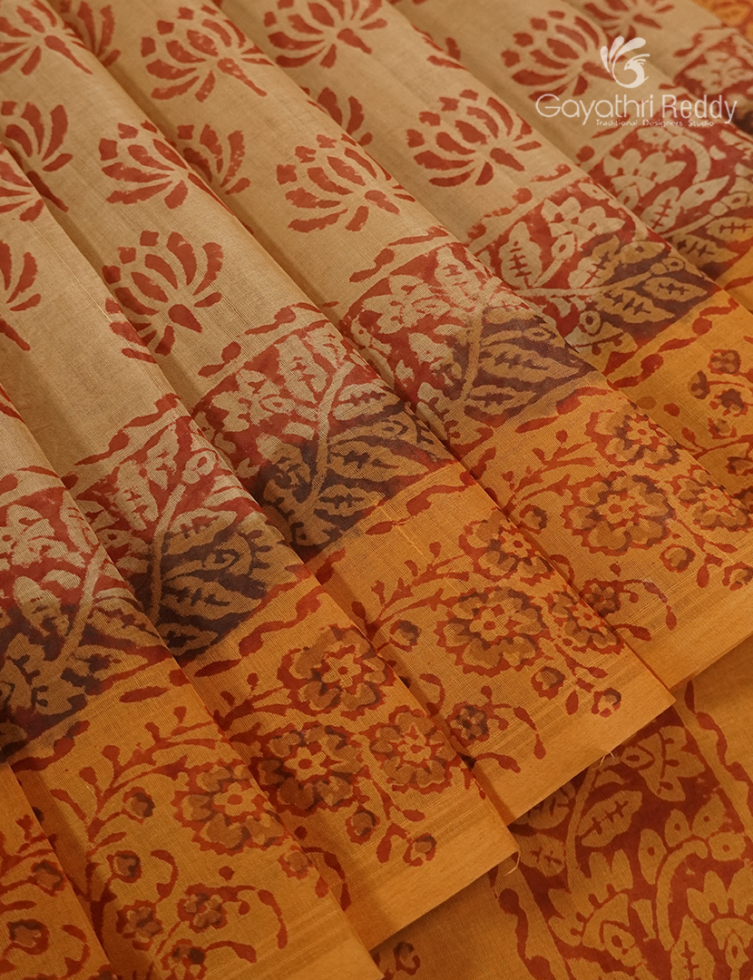 Cotton Batik Print Saree in Light Mustard and Turmeric