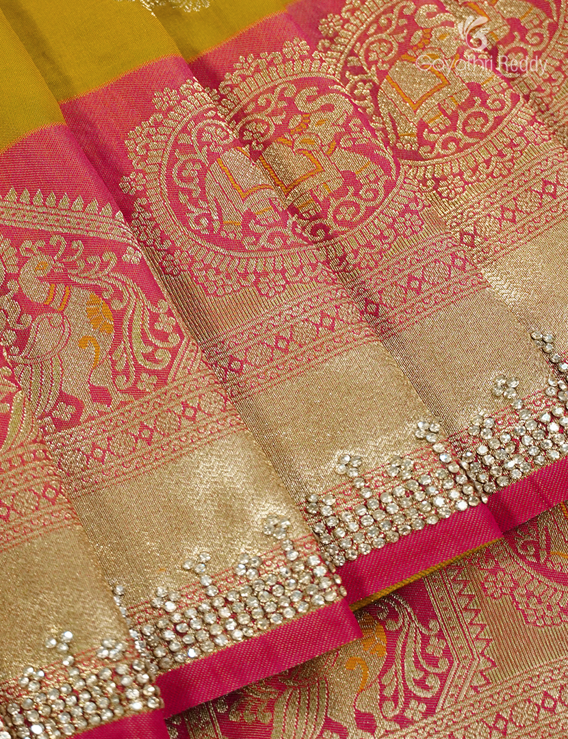 Semi Kanchipuram Silk Fancy Saree in Dry Mehendi Green and Deep Rani Pink