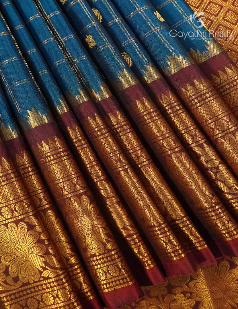 Pure Gadwal Silk Saree in Deep Peacock Blue and Maroon