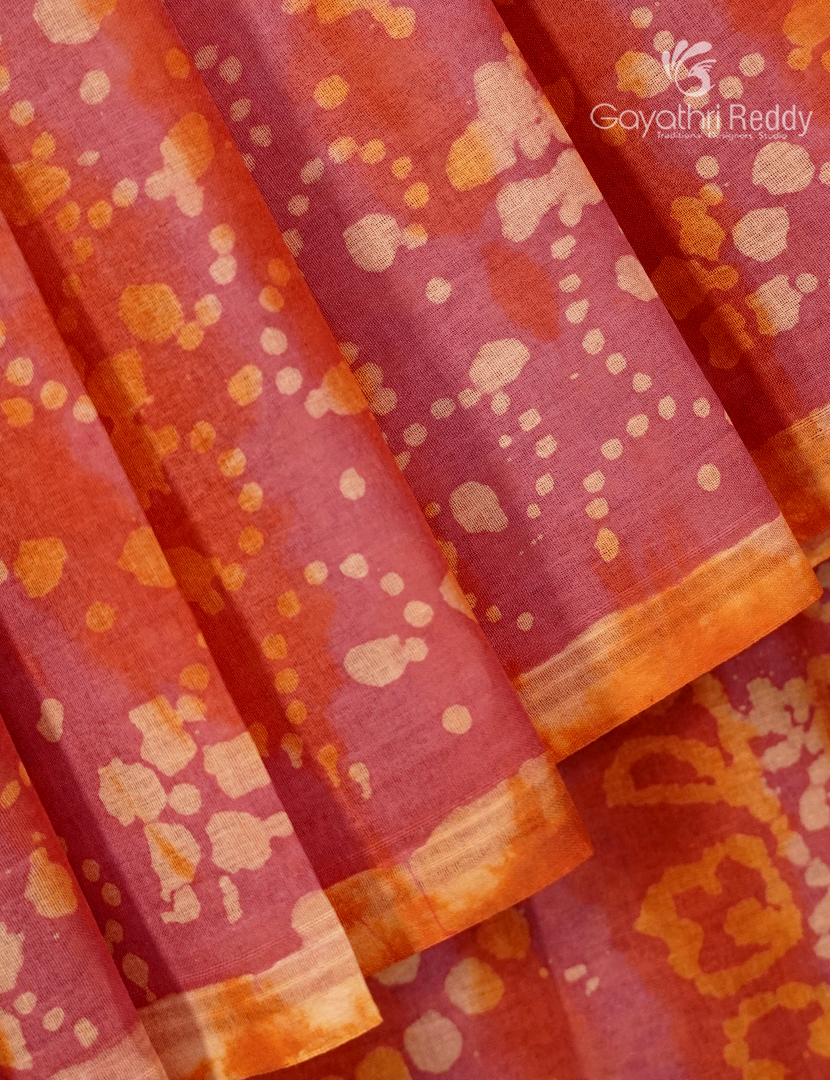 Cotton Batik Print Saree in Peach and Orange