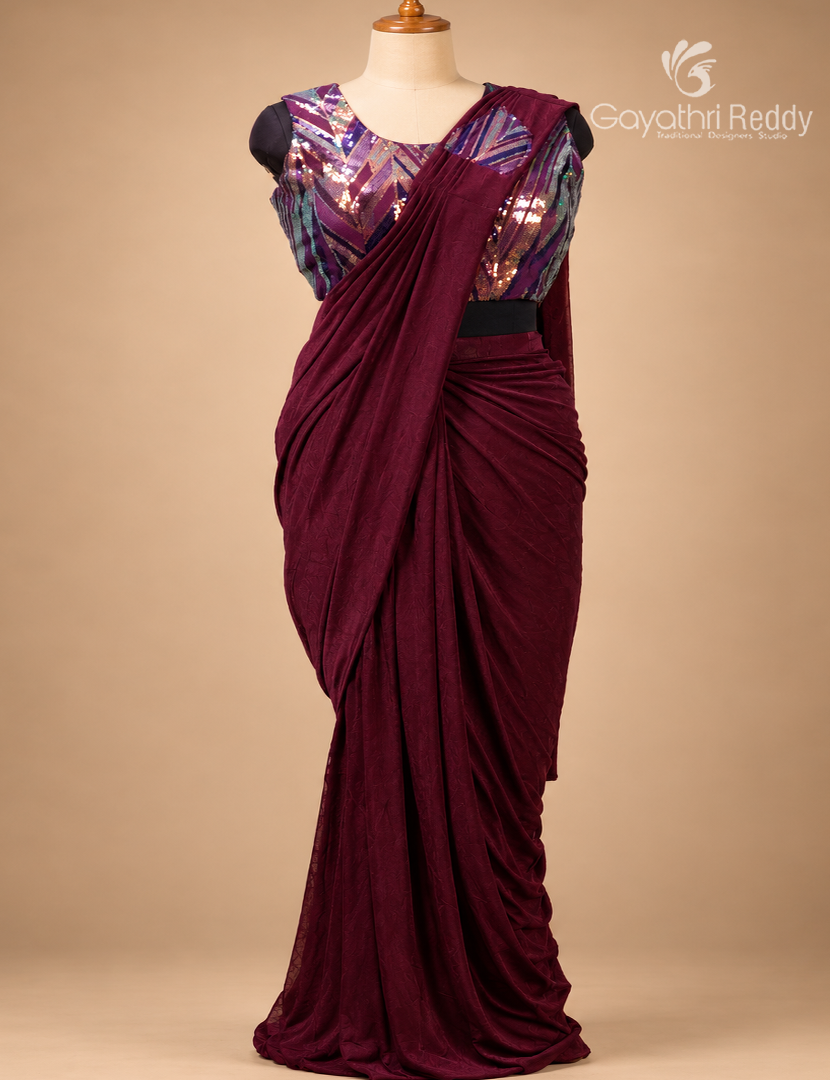 One Minute Saree in Burgundy