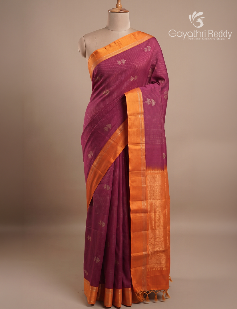Pure Kanchipuram Light Weight Silk Saree in Plum and ORange