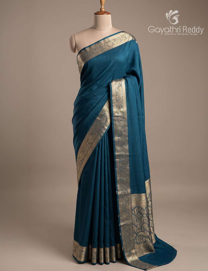 Semi Mysore Crepe Saree in Deep Peacock Blue