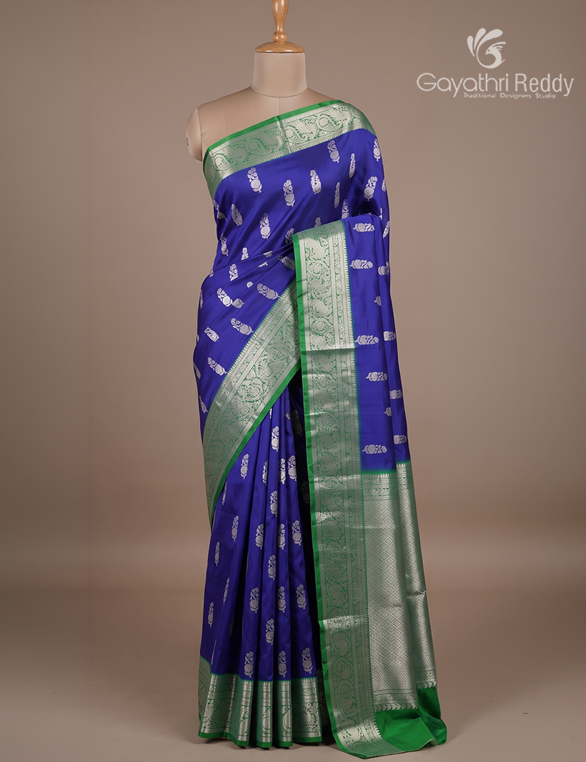 Pure Venkatagiri Silk Saree in Deep Blue and Green
