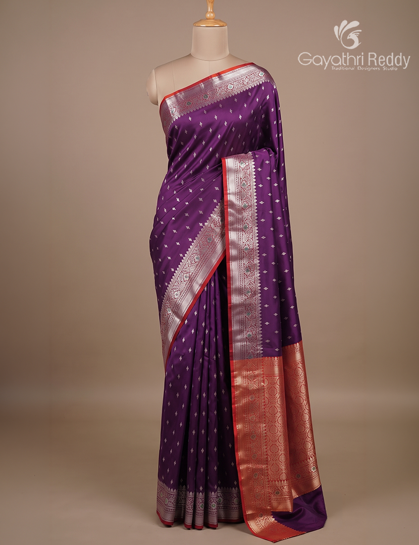 Semi Banaras Katan Silk Saree in Deep Purple and Red