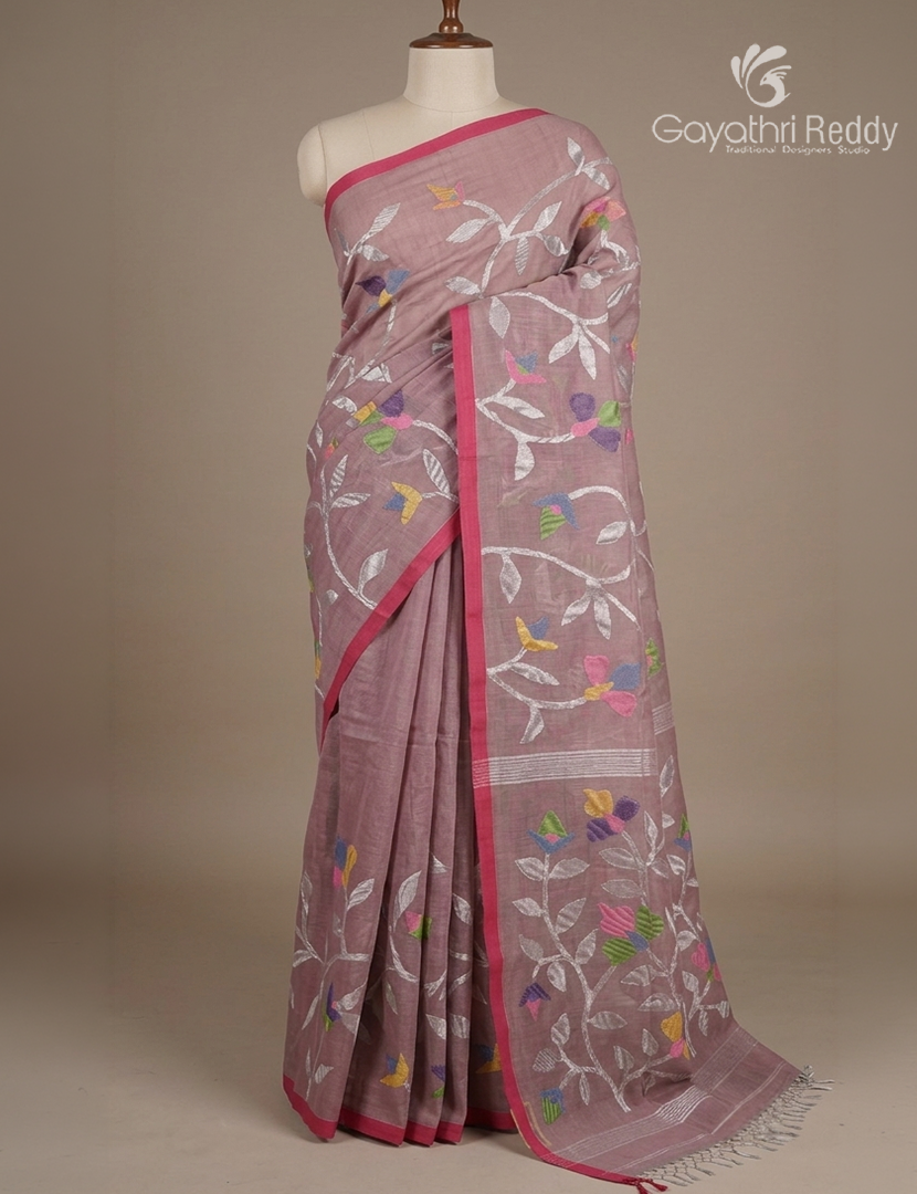 Pure Jamdani Kora Saree in Pastel Onion Pink