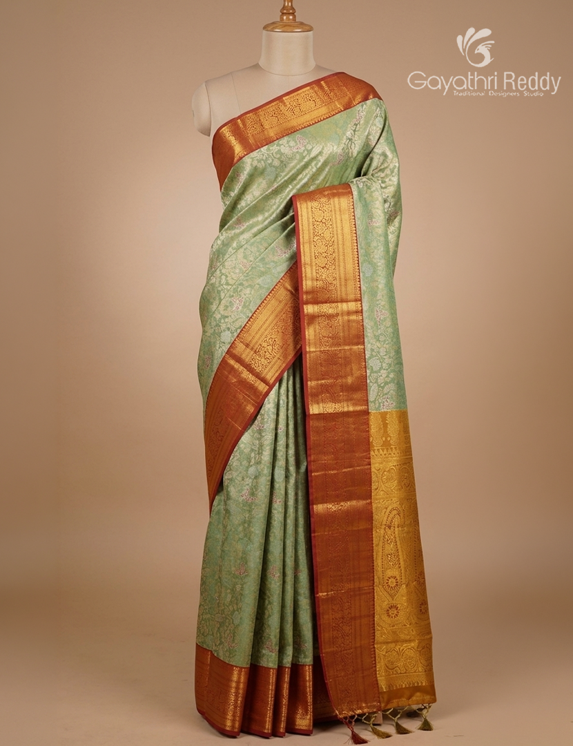 Semi Kanchipuram Silk Saree in Sea Green and Red