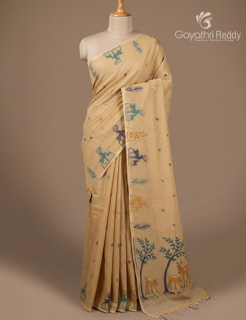 Jamdani Cotton Saree in Light Mustard