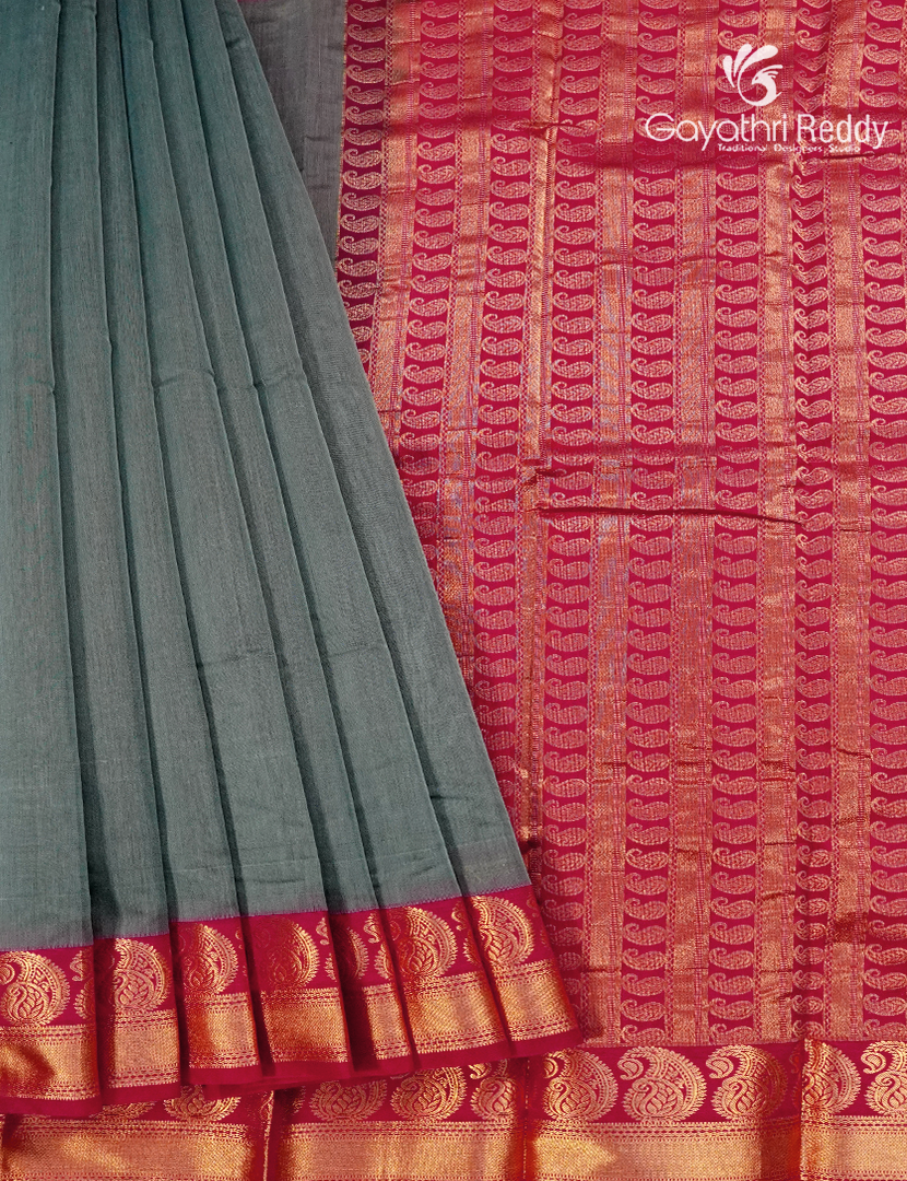 Pure Kanchi Sico Saree in Concrete Grey and Red