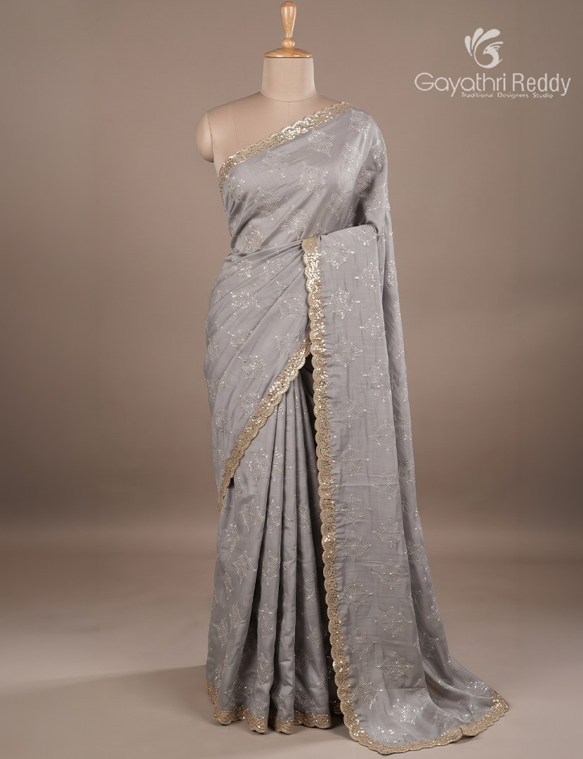 Pure Desi Tussar Fancy Saree in Pastel Grey