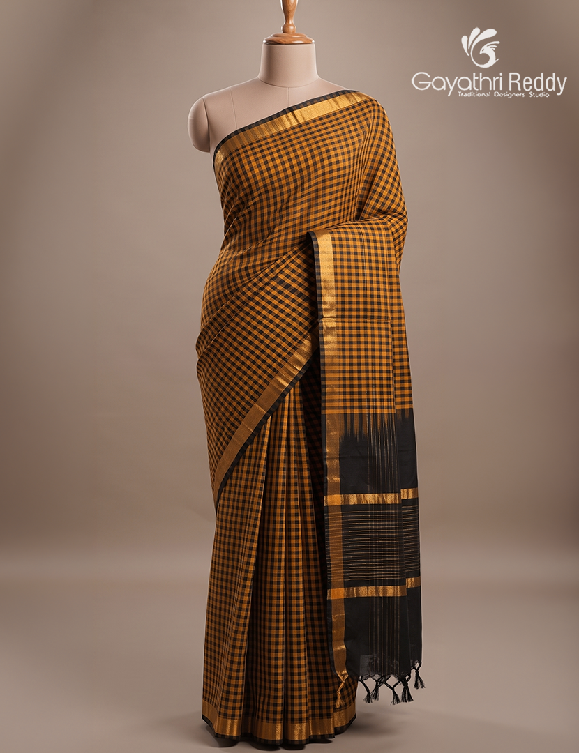 Pure Arani Sico Saree in Deep Mustard and Black