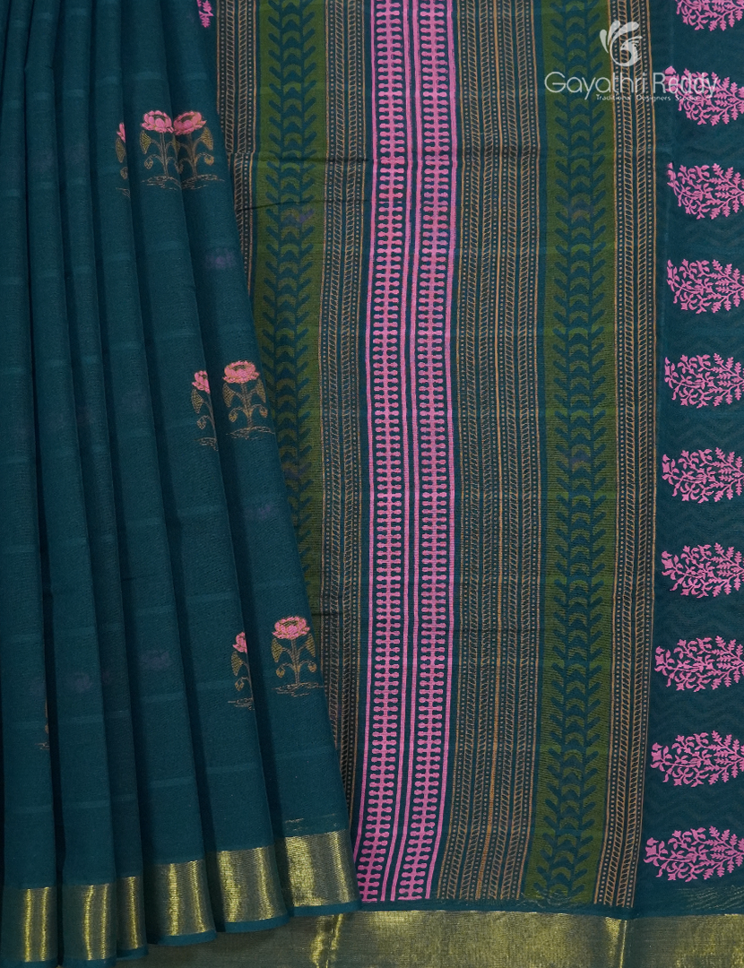 Cotton Printed Saree in Deep Peacock Blue