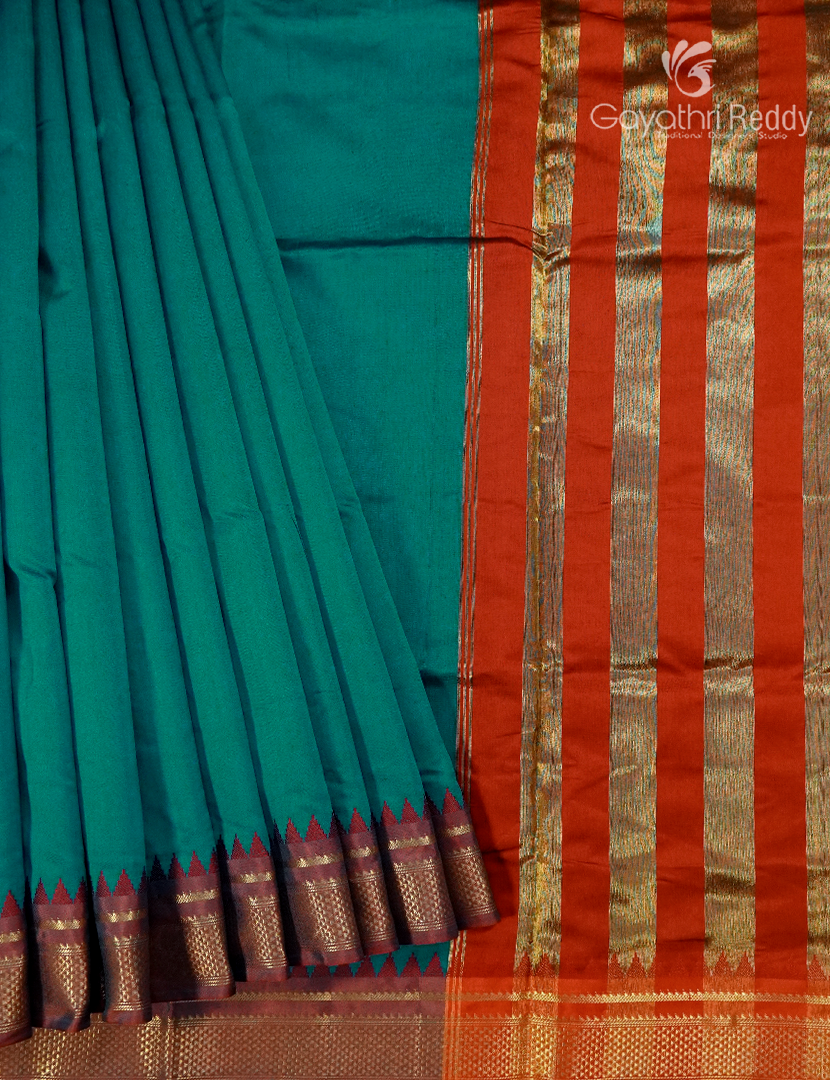 Semi Gadwal Saree in Deep Peacock Blue