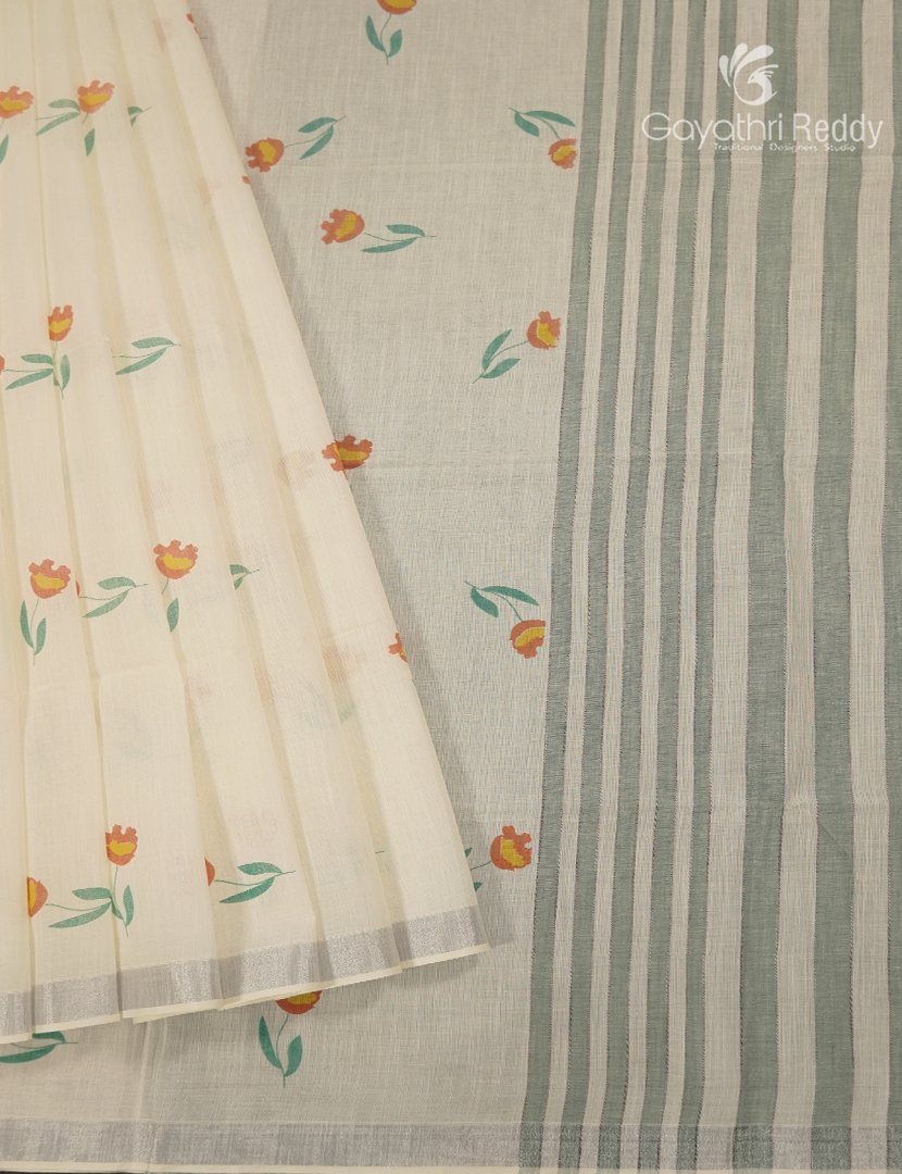 Pure Kanchi Cotton Printed Saree in Ivory and Grey