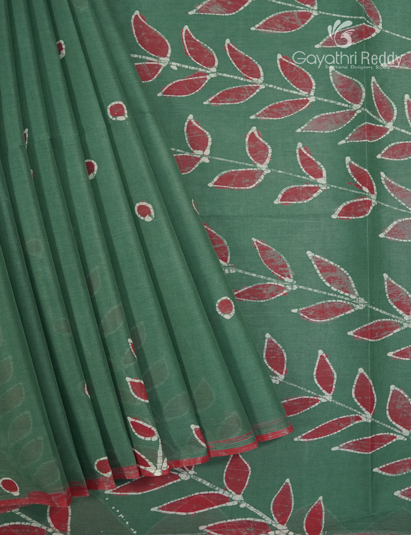 Cotton Batik Print Saree in Pista Green