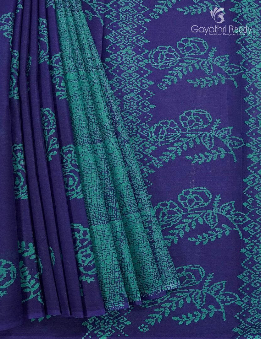 Cotton Batik Print Saree in Navy Blue and Sea Green