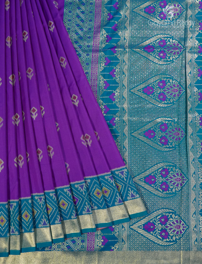 Semi Kanchipuran Silk Saree in Deep Purple and Rama Blue