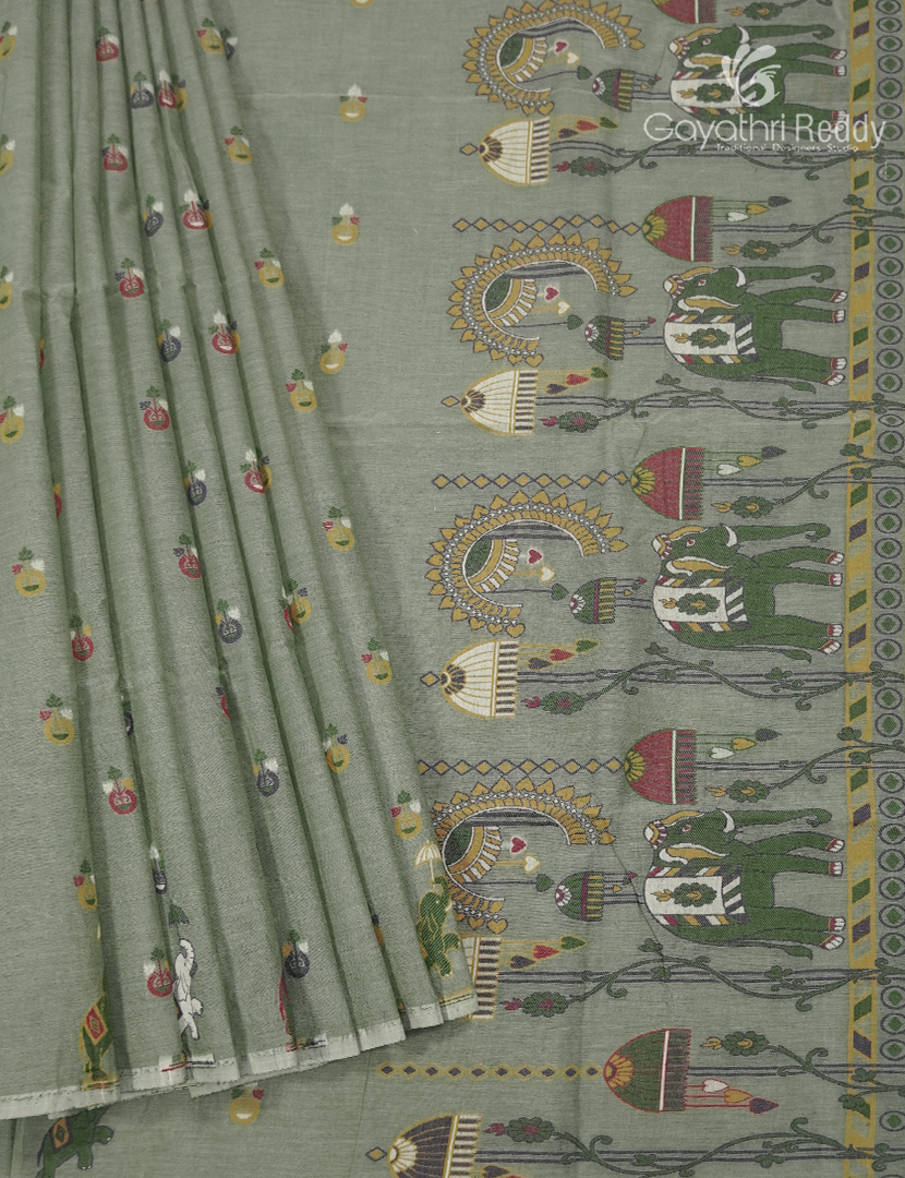 Jamdani Cotton Saree in Olive Green