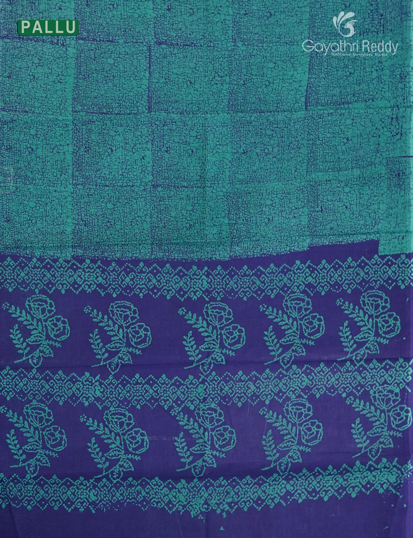 Cotton Batik Print Saree in Navy Blue and Sea Green