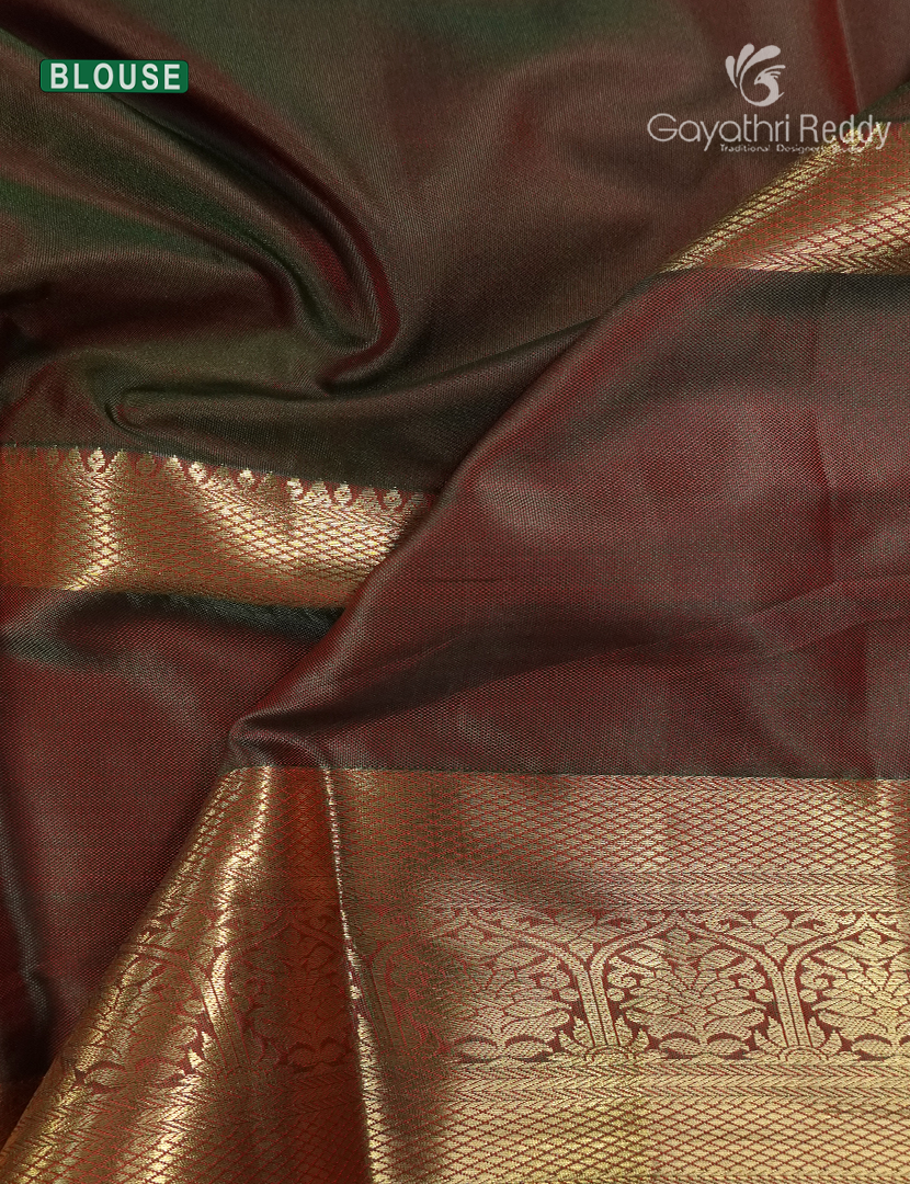 Semi Kanchipuram Silk Saree in Deep Maroon Red and Mehendi Green