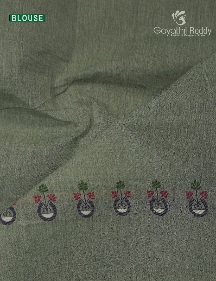 Jamdani Cotton Saree in Olive Green