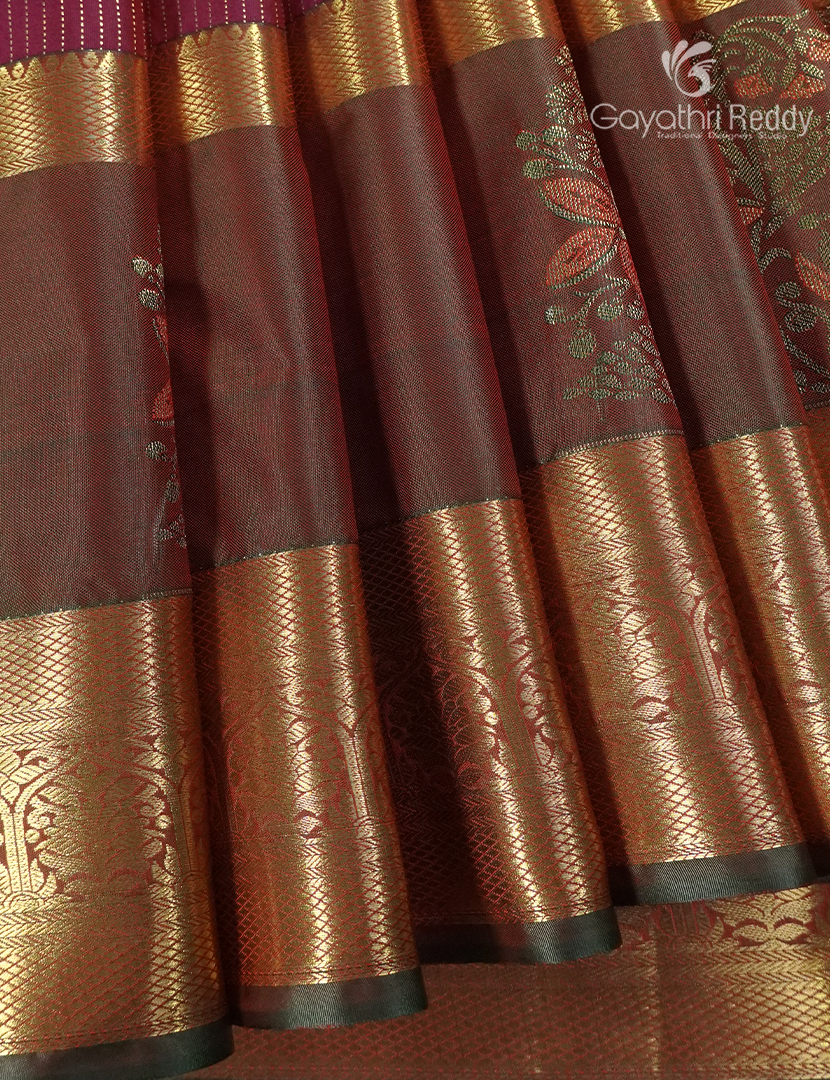 Semi Kanchipuram Silk Saree in Deep Maroon Red and Mehendi Green