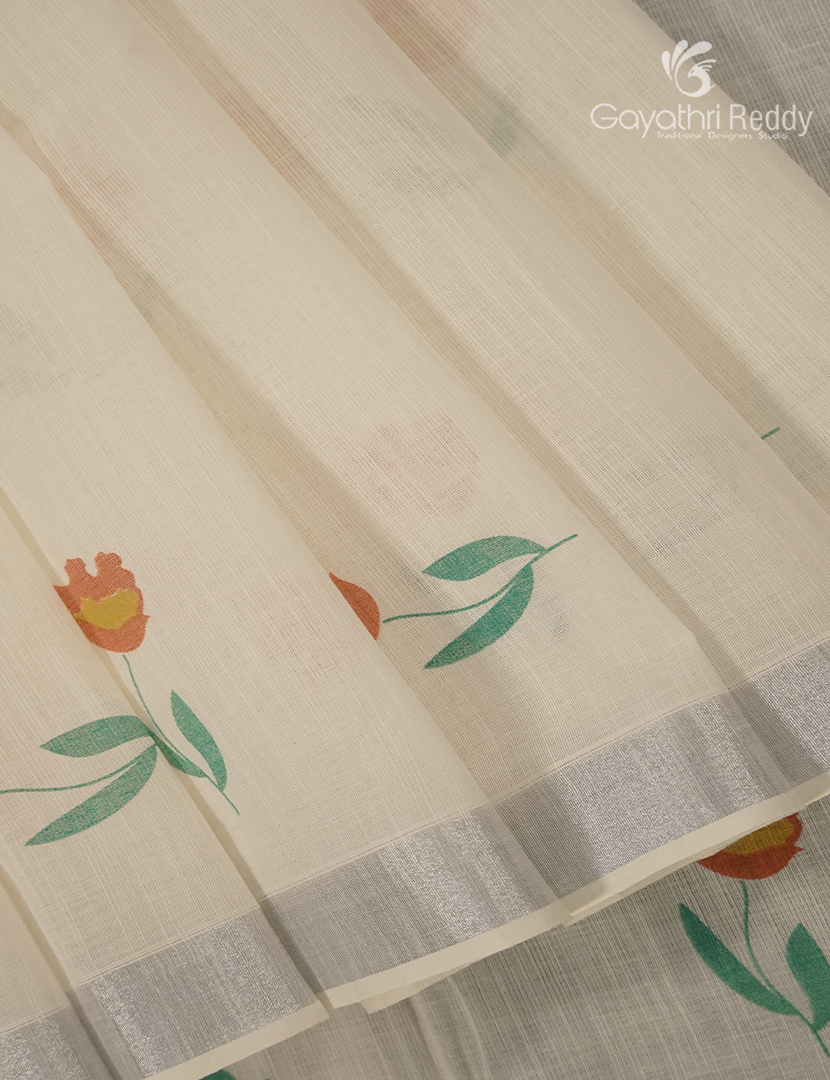 Pure Kanchi Cotton Printed Saree in Ivory and Grey