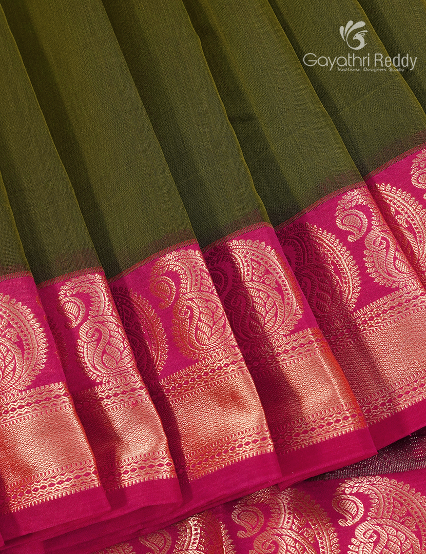 Pure Kanchi Sico Saree in Deep Olive Green and Rani Pink