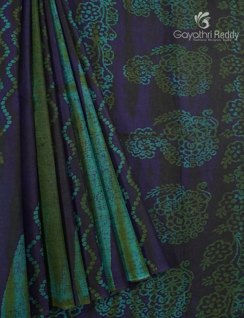 Cotton Batik Print Saree in Deep Navy Blue and Sea Green
