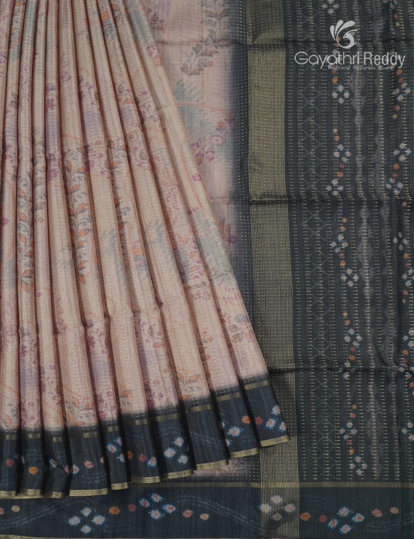 Semi Tussar Saree in Pastel Peach and Ash Black
