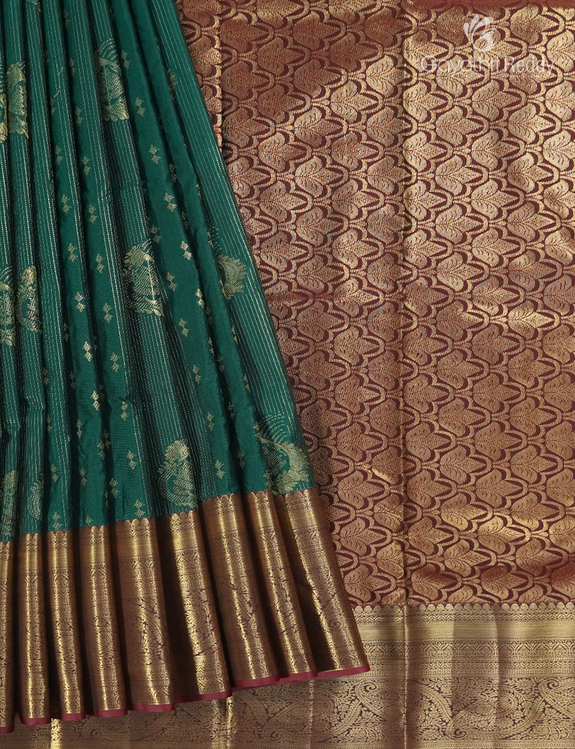 Semi Kanchipuram Silk Saree in Deep Peacock Green and Brown