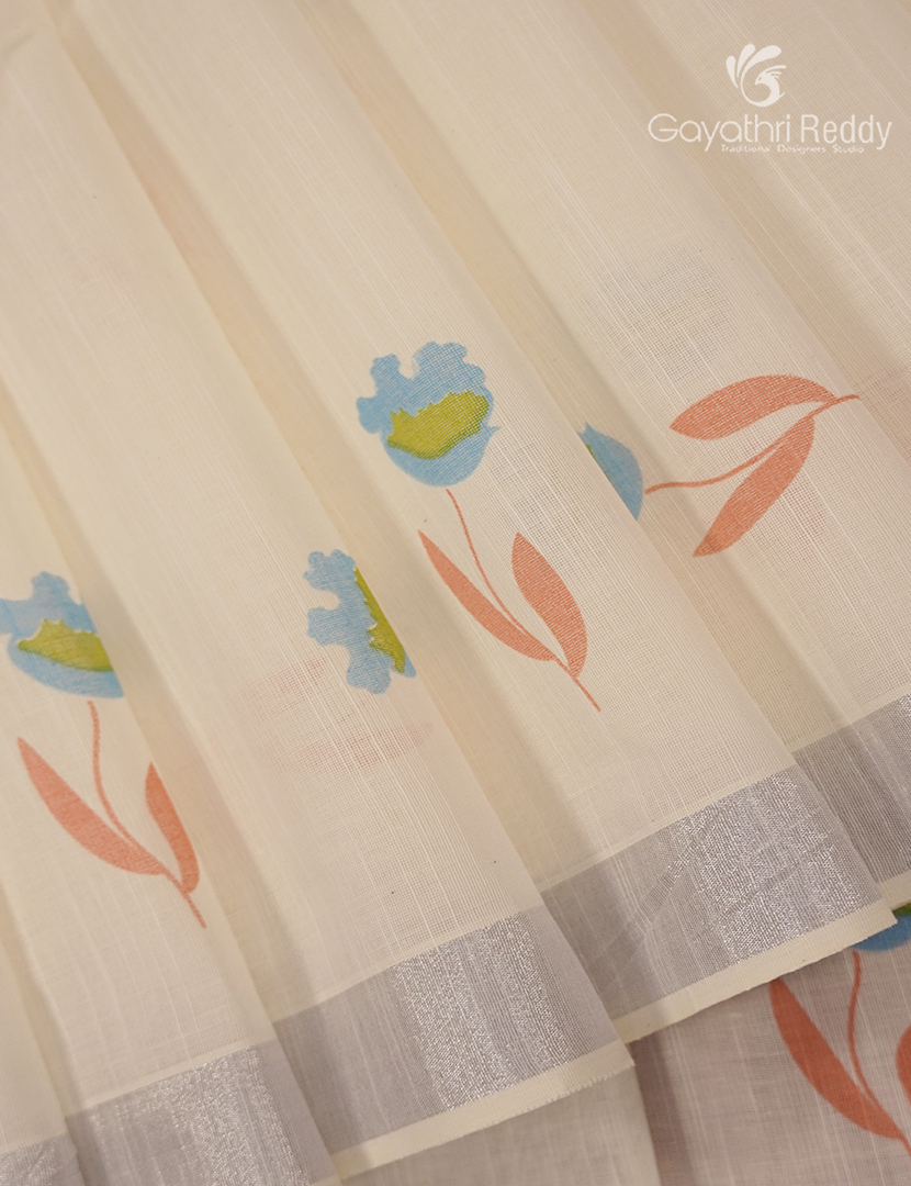 Pure Kanchi Cotton Printed Saree in Cream and Pastel Peach