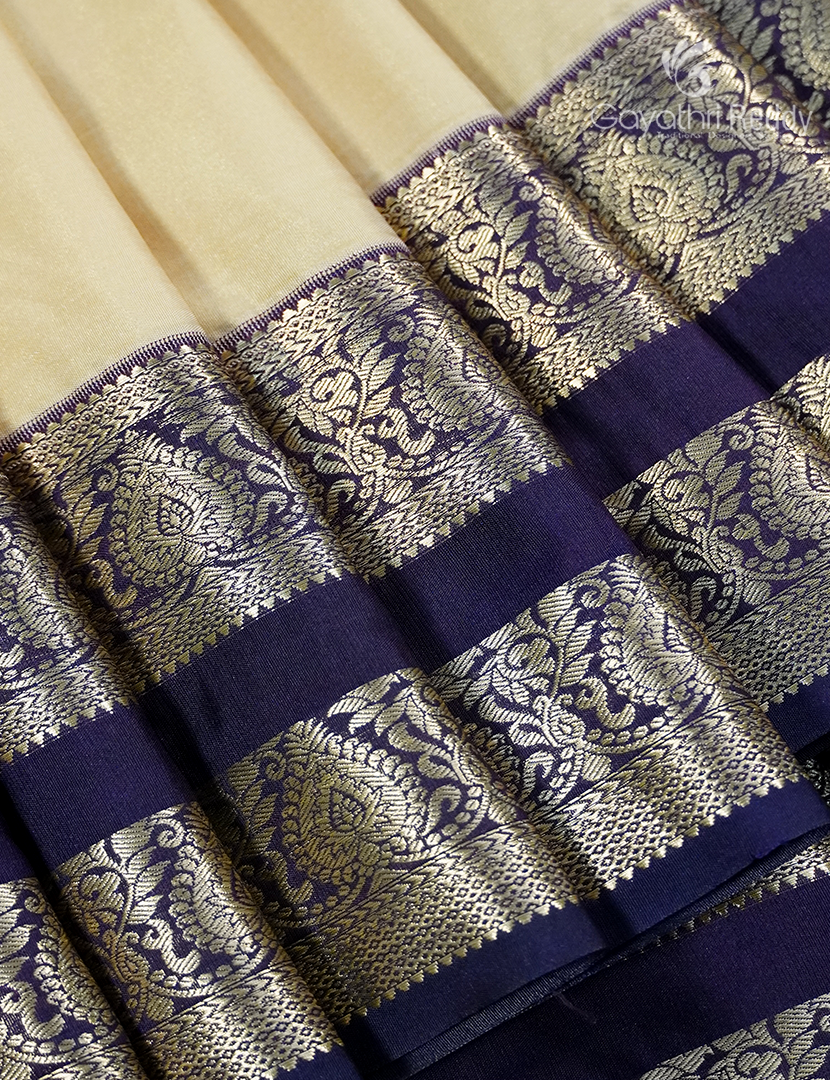 Semi Kanchipuram Silk Saree Cream and Navy Blue