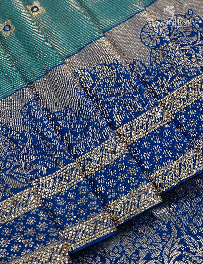Semi Kanchipuram Silk Fancy Saree in Rama Green and Navy Blue