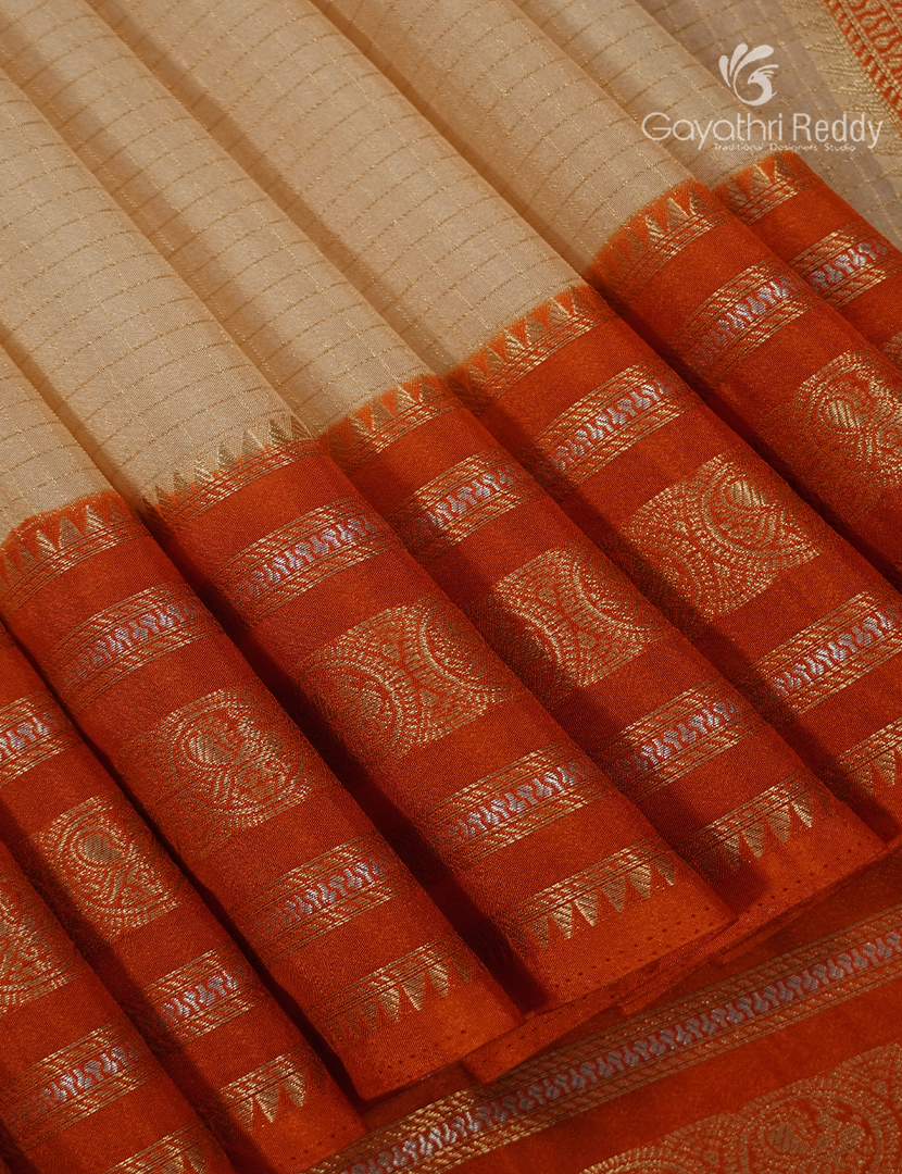 Semi Mysore Crepe Saree in Cream and Orange