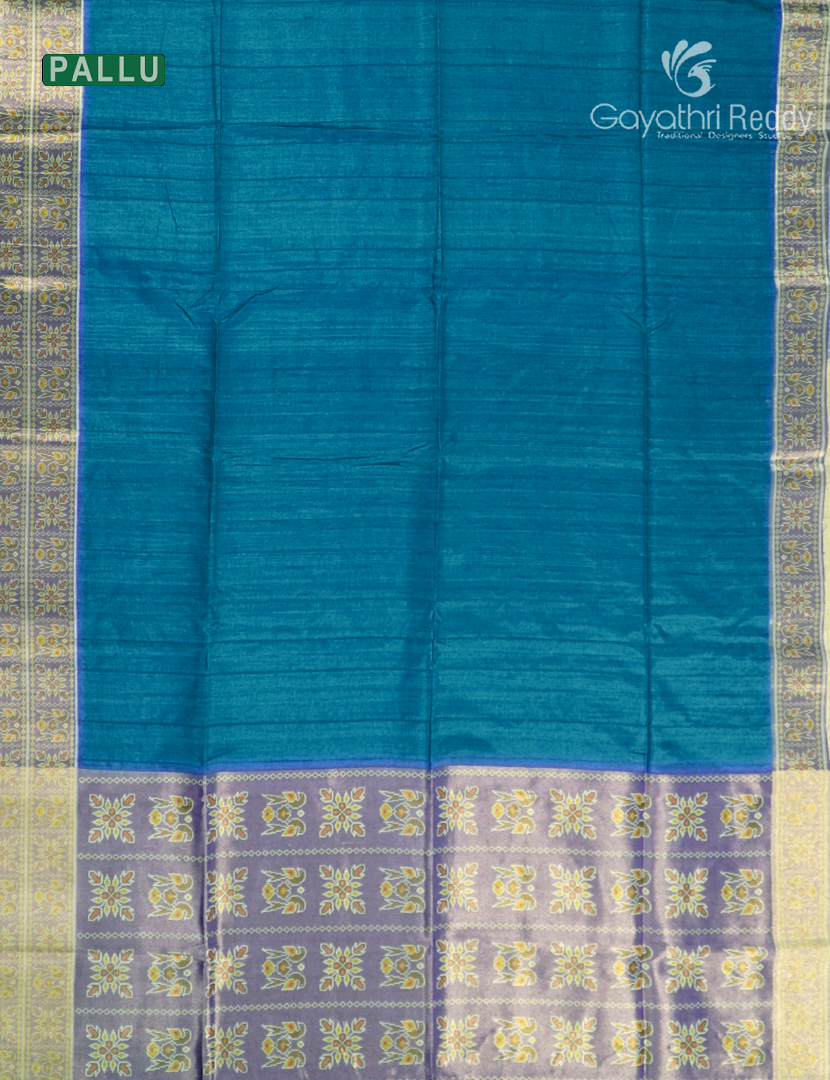 Semi Tussar Saree in Peacock Blue and Grey