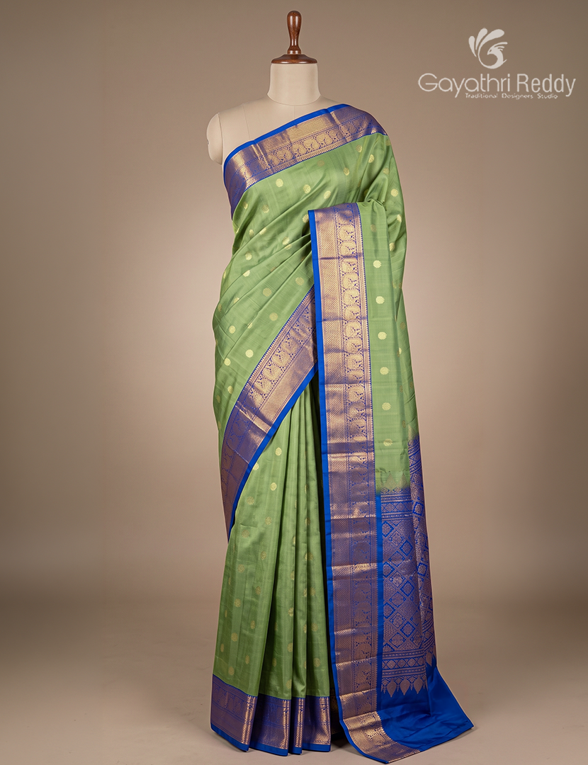 Pure Kanchipuram Silk Saree in Olive Green and Royal Blue(Medium Borders )-KP8774