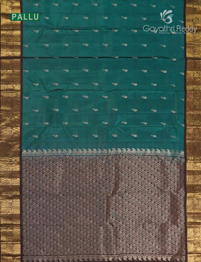 Pure Kanchipuram Silk Saree in Deep Peacock Green and Deep Brown