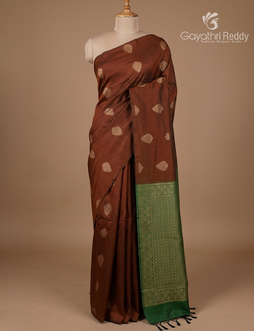 Kanchipuram Sico Saree in Deep Rust and Green