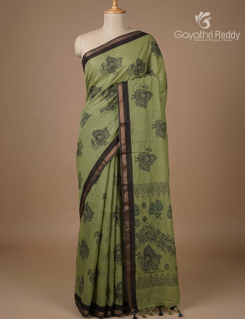 Premium Quality Cotton Kota Saree in Sage Green and Black
