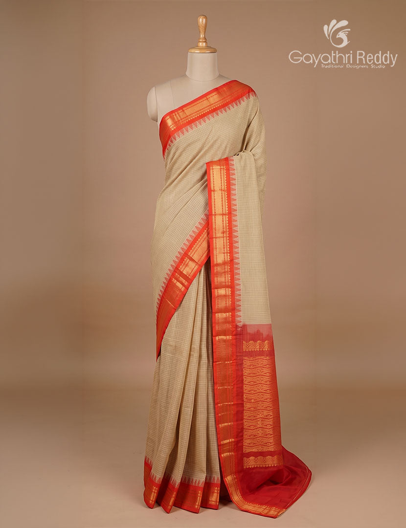 Pure Gadwal Cotton Saree in Olive Grey and Red