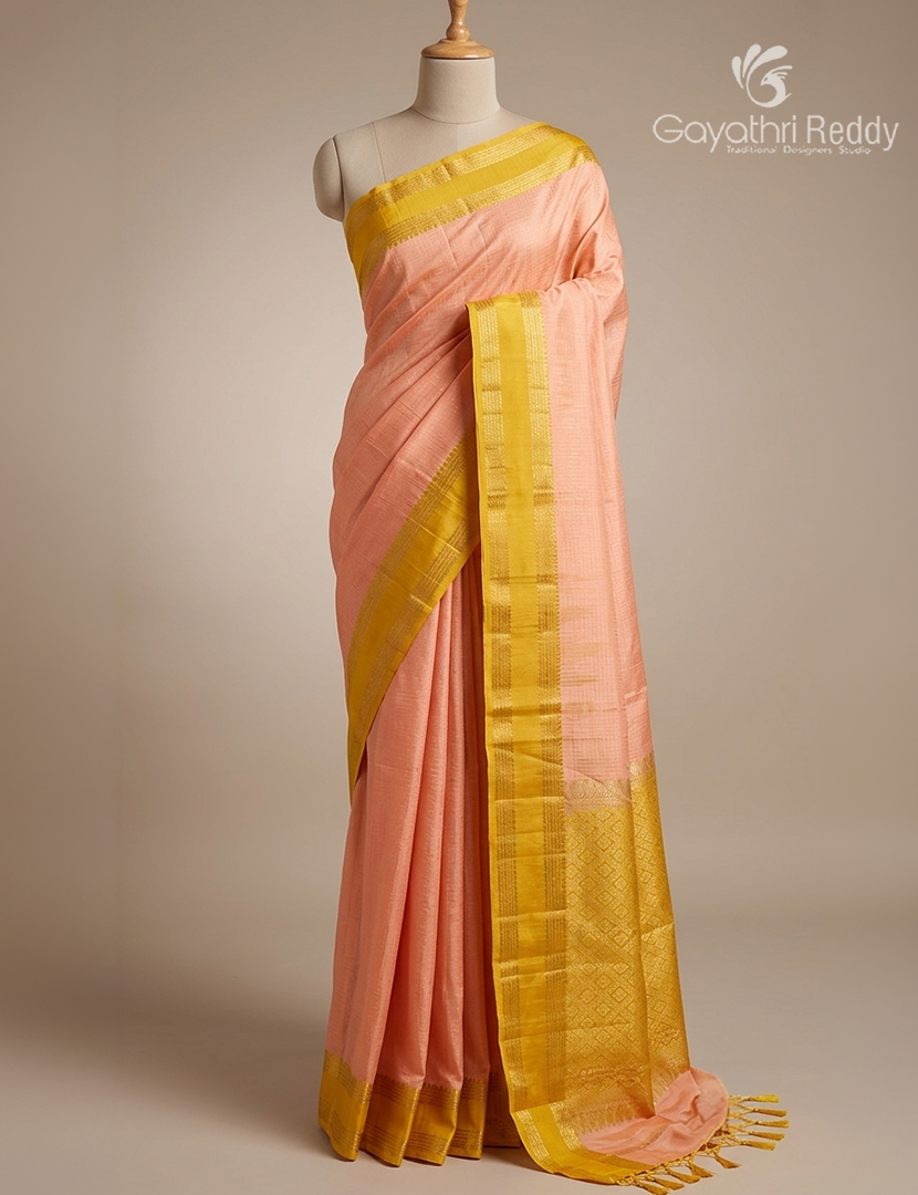 Pure Kanchipuram Vintage Silk Saree in Peach and Golden Yellow