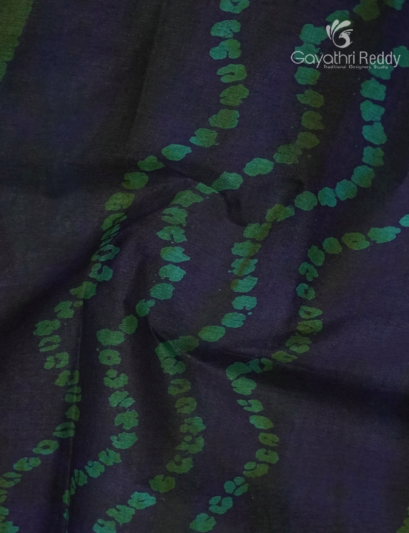 Cotton Batik Print Saree in Deep Navy Blue and Sea Green