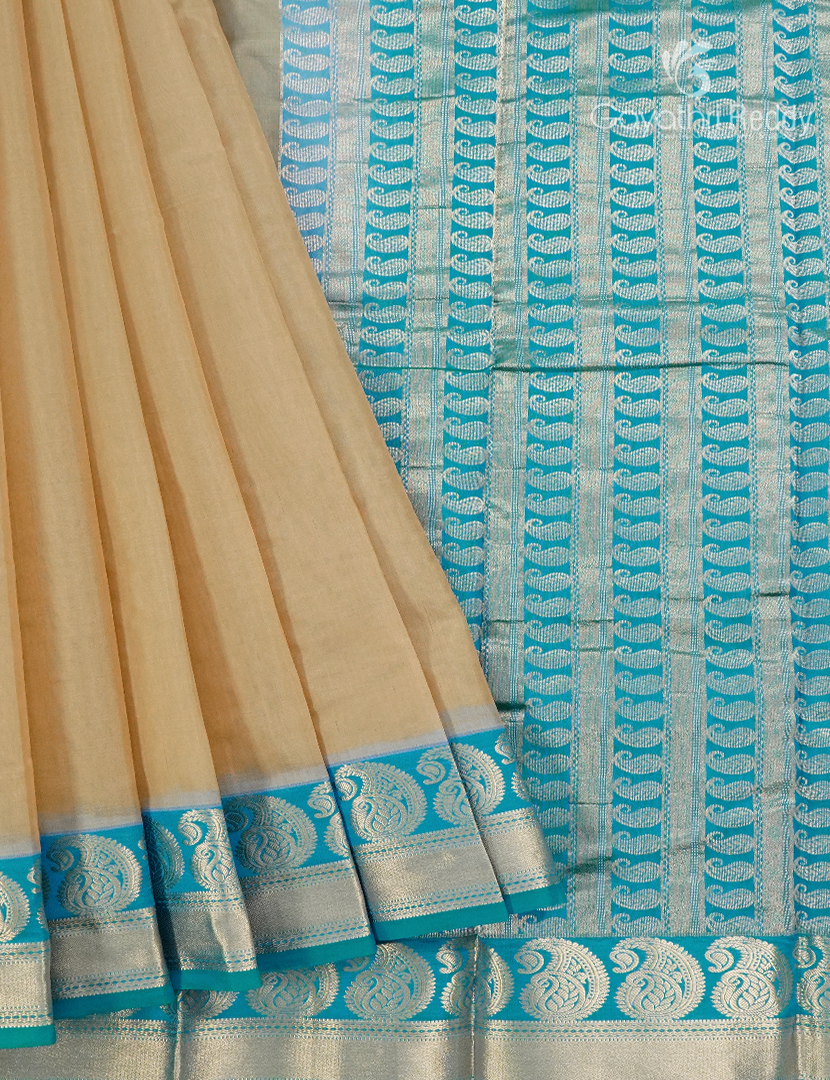Pure Kanchi Sico Saree in Beige and Turquoise