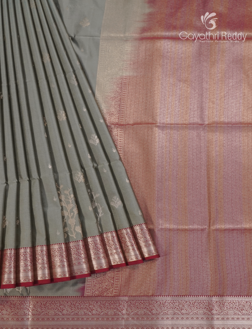 Soft Silk Saree in Grey and Maroon