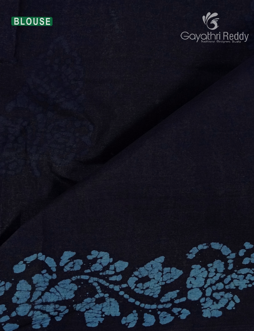 Cotton Batik Print Saree in Navy Blue and Powder Blue