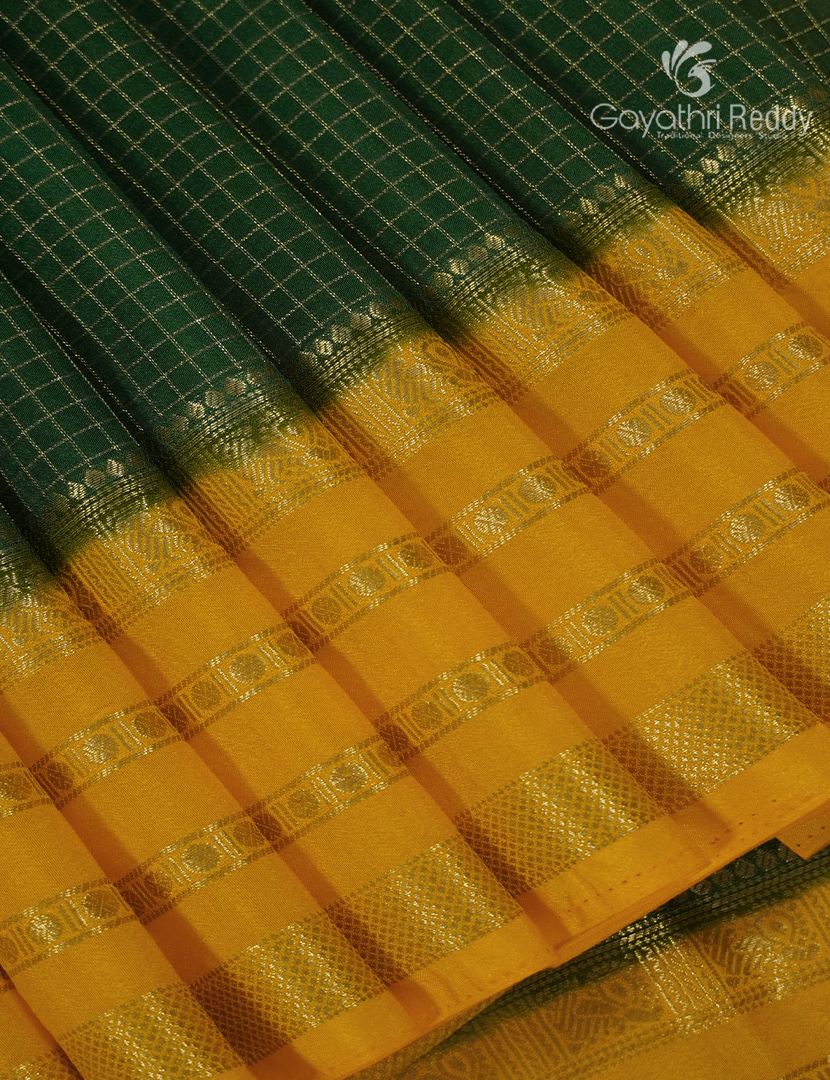 Semi Mysore Crepe Saree in Bottle Green and Yellow