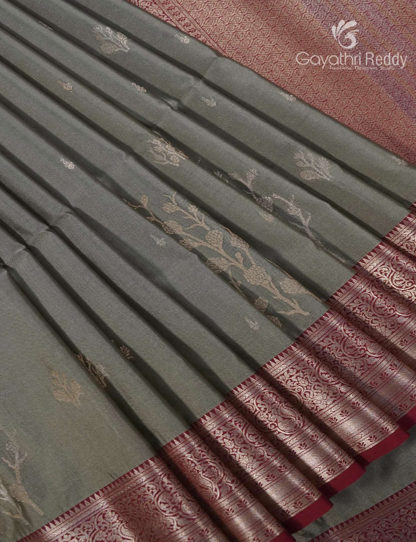 Soft Silk Saree in Grey and Maroon